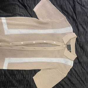 Men's Tan and White Knit Button-Down Shirt